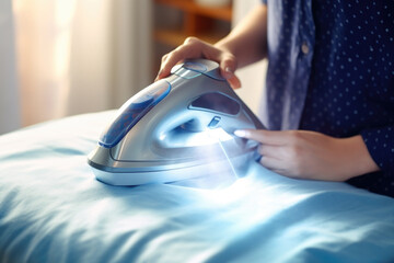 A woman is shown ironing on a bed with a light. This image can be used to depict household chores or daily routines - obrazy, fototapety, plakaty