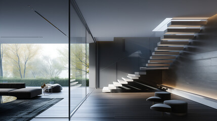 A 3D interior design with a floating staircase