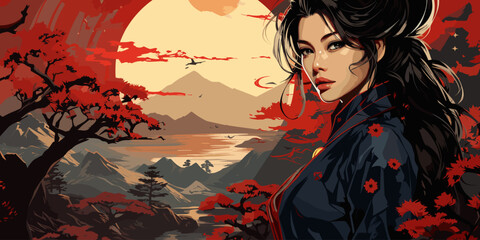 Japanese anime warrior girl. Samurai of Japan. vector flat bright colors -