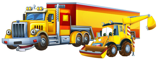 cartoon scene with heavy cargo truck and excavator digger workers talking togehter being happy illustration for children