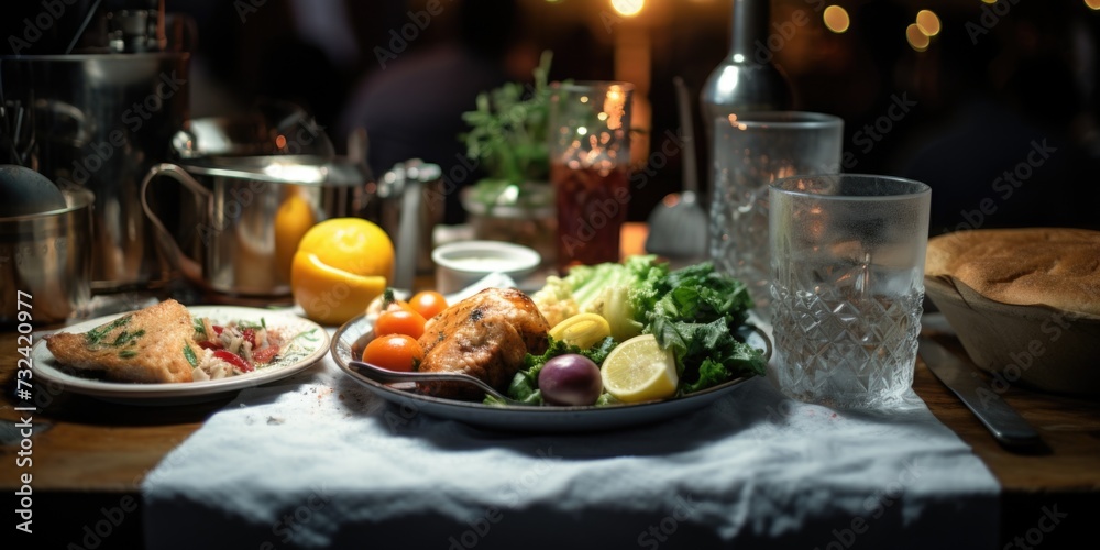 Poster a table filled with plates of delicious food and refreshing drinks. perfect for showcasing a variety