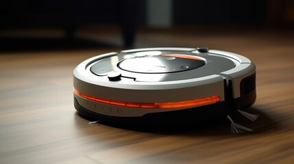 A robotic vacuum cleaner sitting on a wooden floor. Suitable for home cleaning and automation concepts