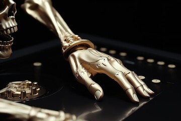 A golden skeleton hand resting on a turntable. Perfect for music-themed designs and Halloween projects