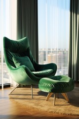 A green chair and ottoman set in a cozy living room. Perfect for home decor and interior design projects - obrazy, fototapety, plakaty