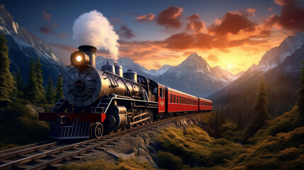 steam train in the mountains - obrazy, fototapety, plakaty