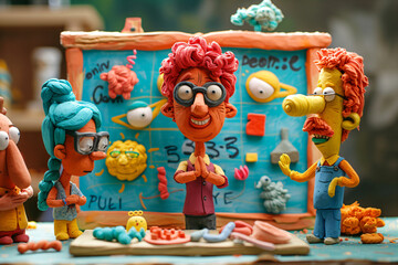 Clay animation characters in office setting. Handmade figurine scene. Creative brainstorming concept for design and animation