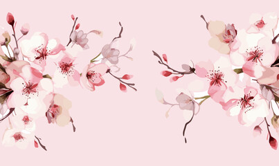 Watercolor floral Border Sakura, Cherry blossom, spring flowers, branch, twig, wedding design.