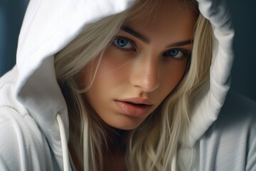 A woman wearing a white hoodie stares directly at the camera. This image can be used to depict youth, fashion, or urban lifestyle - obrazy, fototapety, plakaty