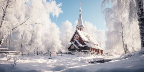 A church surrounded by a snowy forest. Perfect for winter-themed designs and religious concepts