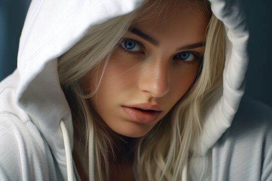 A woman wearing a white hoodie stares directly at the camera. This image can be used to depict youth, fashion, or urban lifestyle