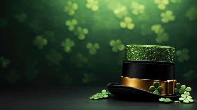 A green top hat with shamrocks placed on a table. Ideal for St. Patrick's Day celebrations or Irish-themed events