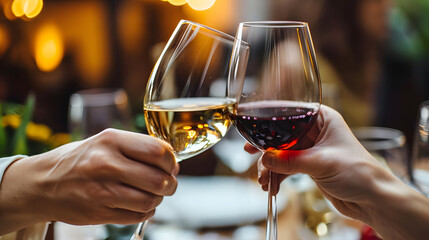 Close-up of wine glasses clinking together, two glasses of wine