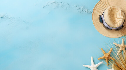  hat starfish and seashells with blue background