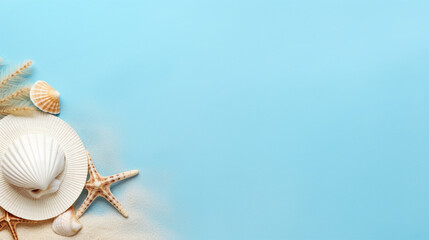  hat starfish and seashells with blue background