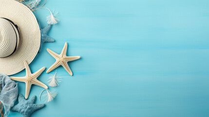  hat starfish and seashells with blue background