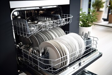A dishwasher filled with lots of white dishes. Perfect for kitchen or restaurant-related designs