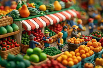 Miniature clay characters shopping at a vegetable market. Handmade art figurines in a fresh produce market setup for animation