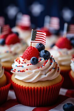 A close-up view of a cupcake with a flag on top. This image can be used to represent celebrations, parties, or special occasions