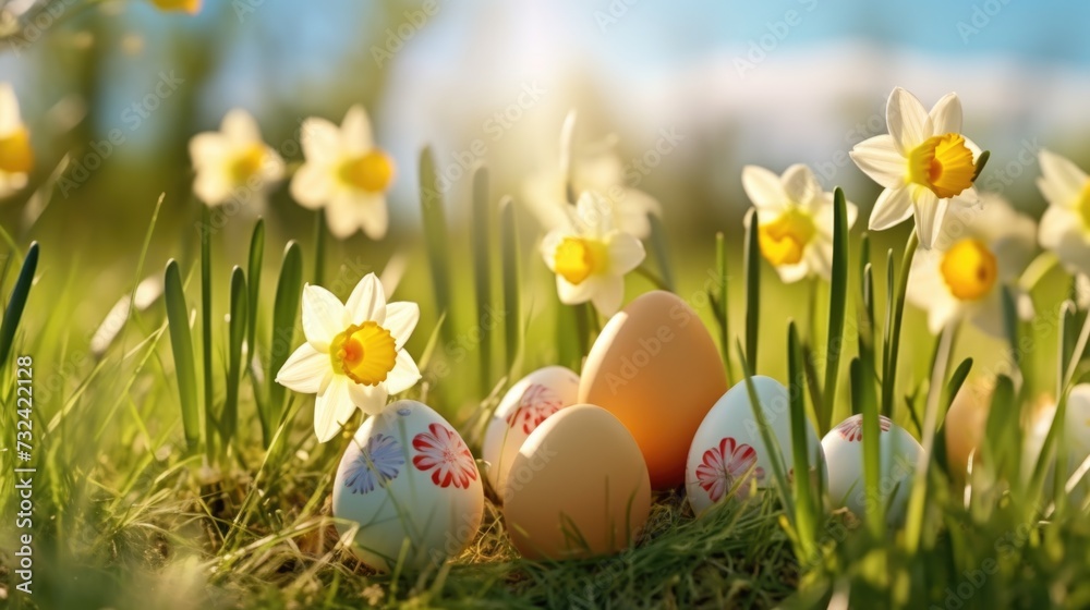 Aufkleber a group of eggs sitting on top of a lush green field. perfect for illustrating concepts of new begin
