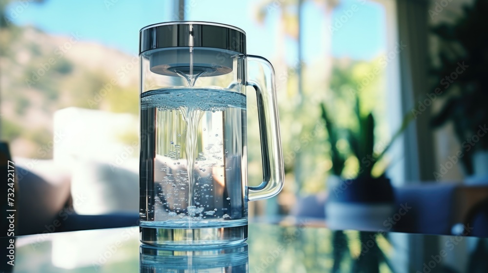 Poster a glass pitcher filled with water sitting on top of a table. perfect for use in home decor or bevera