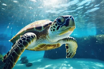 A turtle swimming in the water with its head above the water. Suitable for nature and wildlife themes