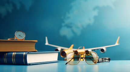 travel concept with world map books and sun glasses