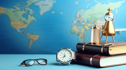 travel concept with world map books and sun glasses