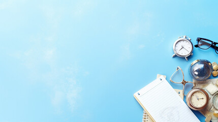 travel concept with world map books and sun glasses