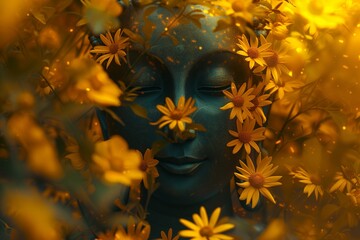 Buddha Statue Amidst Golden Yellow Flowers
