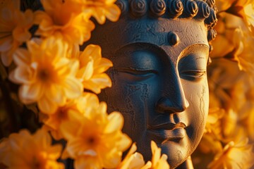 Buddha Statue Amidst Golden Yellow Flowers