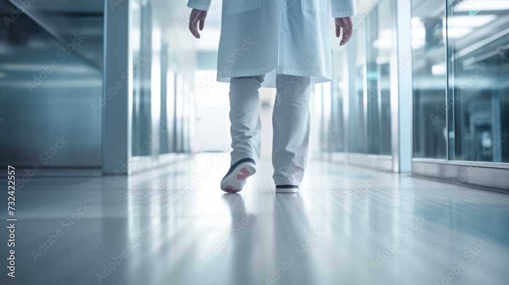Poster A man wearing a lab coat is seen walking down a hallway. This image can be used to represent scientific research, laboratory work, or professional settings