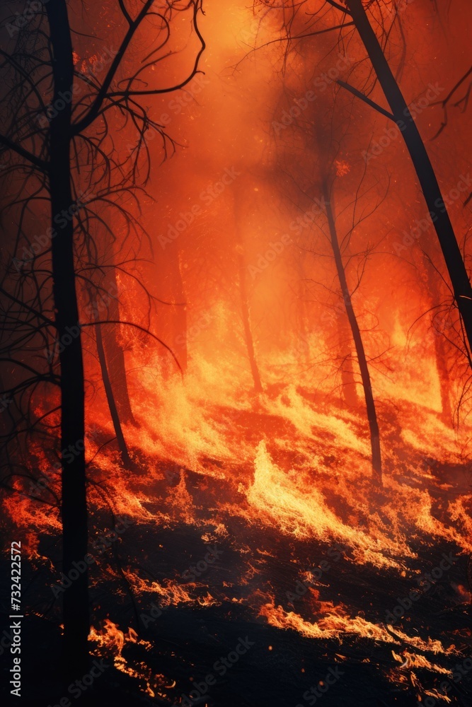 Poster a fire is seen burning through the trees in the woods. this image can be used to depict a forest fir