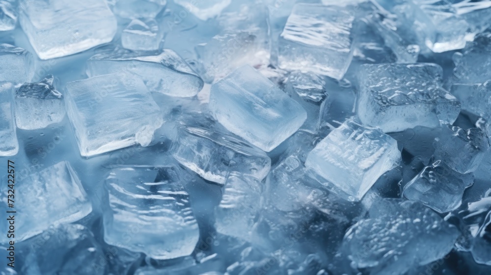 Poster A pile of ice cubes sitting on top of a table. Can be used to illustrate concepts such as refreshment, summer, cooling, or beverages