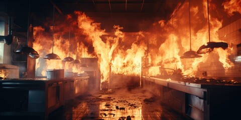A large fire is raging through a kitchen. This image can be used to illustrate the dangers of fire in a kitchen setting - obrazy, fototapety, plakaty