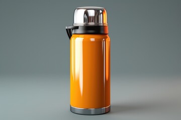 An orange thermos bottle sitting on a gray surface. Perfect for outdoor activities or keeping beverages hot on the go - obrazy, fototapety, plakaty