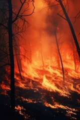 A fire is seen burning through the trees in the woods. This image can be used to depict a forest fire or the destructive power of nature