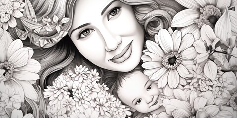 A heartwarming image of a woman gently cradling a baby amidst a beautiful display of colorful flowers.