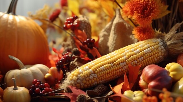 A vibrant image of a corn cob surrounded by colorful fall leaves and pumpkins. Perfect for autumn-themed designs and harvest celebrations
