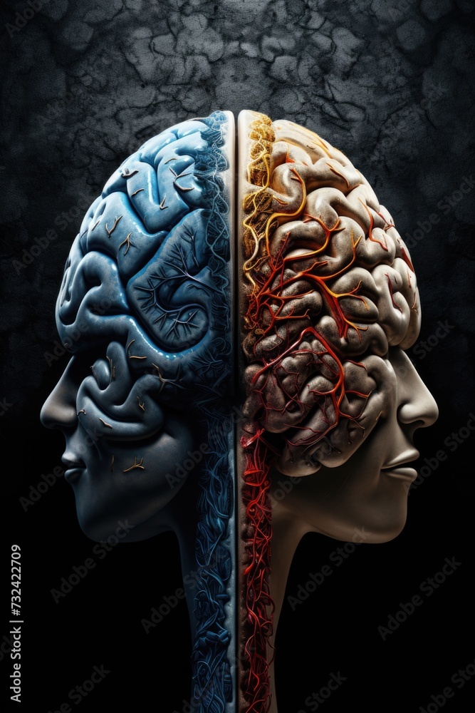 Poster a model of a human head with a detailed representation of the brain. suitable for educational purpos