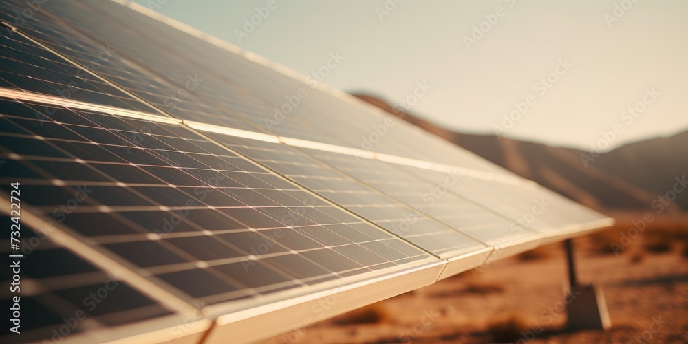 Poster a close-up view of a solar panel in the desert. this image can be used to depict renewable energy, s