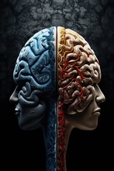 A model of a human head with a detailed representation of the brain. Suitable for educational purposes or medical presentations
