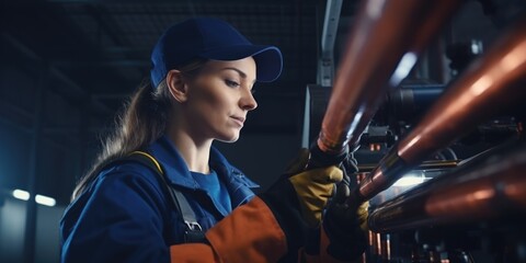 A woman in an orange and blue uniform is seen working on pipes. This image can be used to depict a female worker in an industrial setting