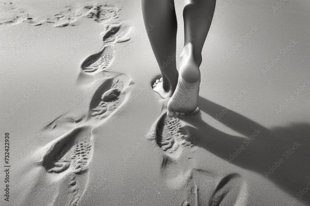 Poster a person walking along a sandy beach with visible footprints. this image can be used to depict relax