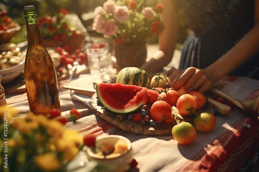 Poster a table filled with a variety of fresh and colorful fruits, accompanied by a bottle of wine. perfect