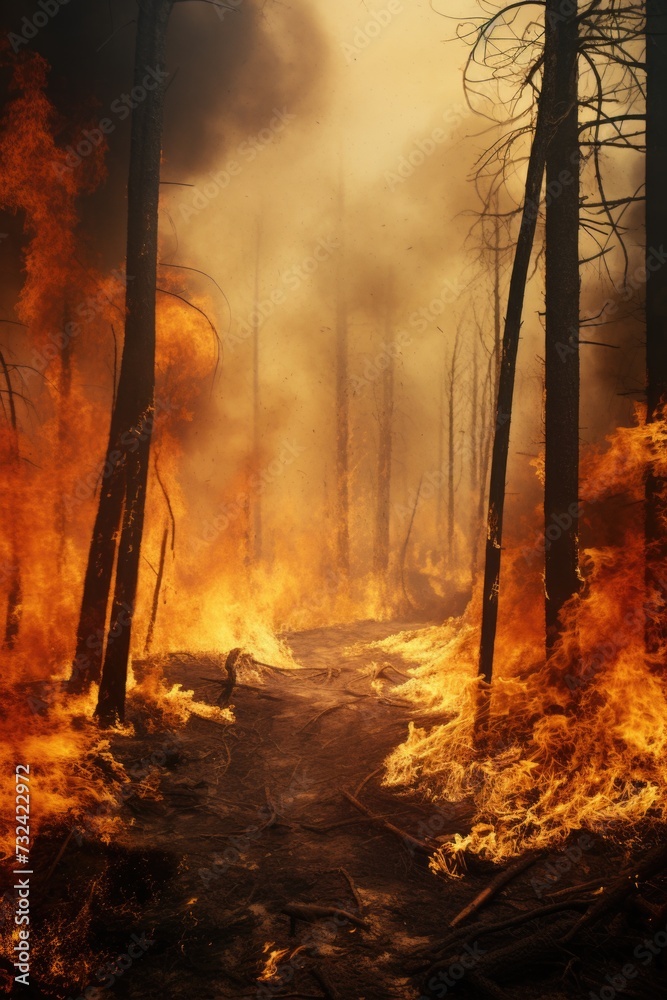 Poster a fire burning in the middle of a forest. suitable for environmental or disaster-related themes