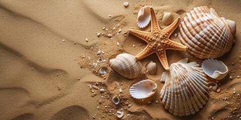 Fototapeta na wymiar Beach summer flat lay with shells and starfish on the sand with space for text. AI generative