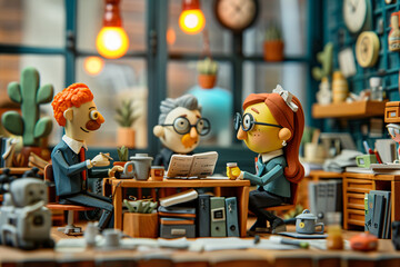 Clay animation characters in a business meeting. Artistic clay crafted scene with coworkers in an office environment. Corporate strategy discussion concept - obrazy, fototapety, plakaty