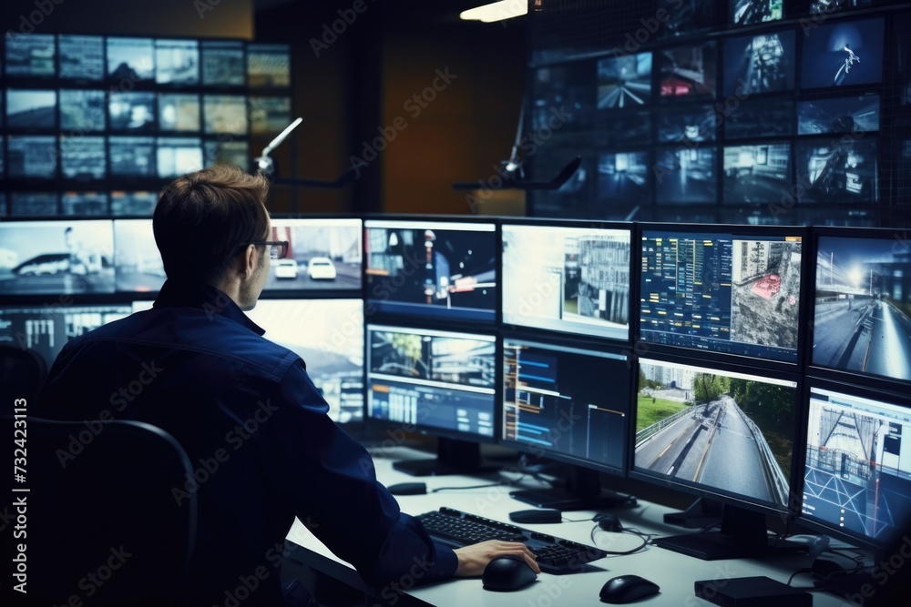 Poster A man sitting at a desk in front of multiple monitors. Ideal for technology and business-related projects