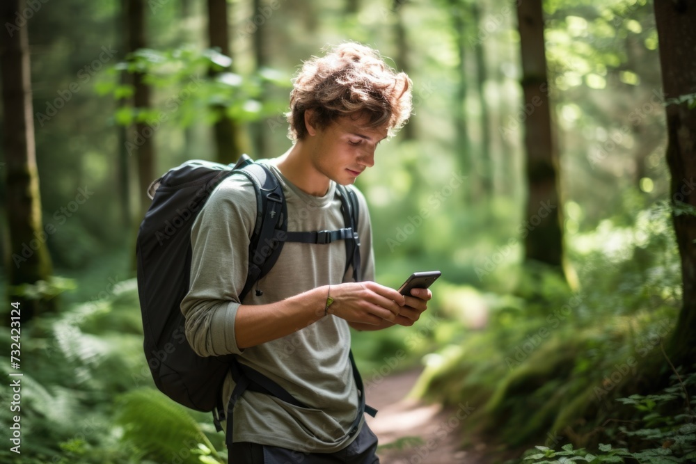 Poster a young man standing in the woods, focusing his attention on his cell phone. this image can be used 