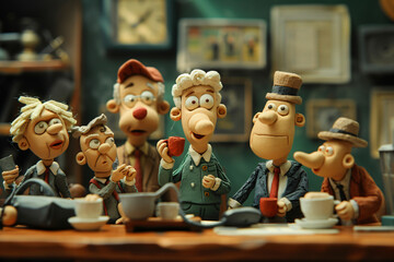 Animated clay figures in an office coffee break scene. Clay crafted characters sharing a moment in a cozy office corner. Workplace community concept